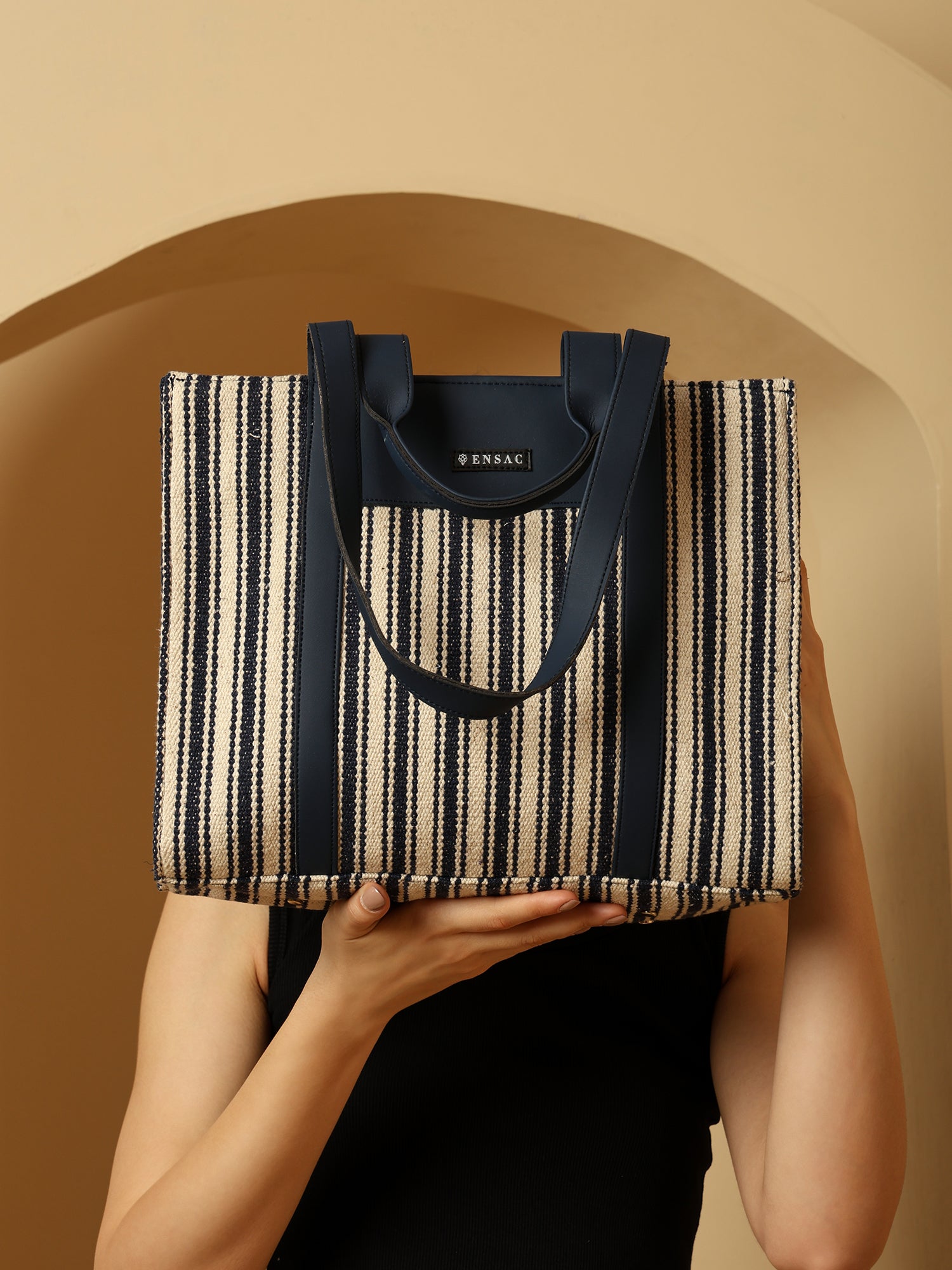Nautical Striped Tote Bag with Navy Faux Leather Accents