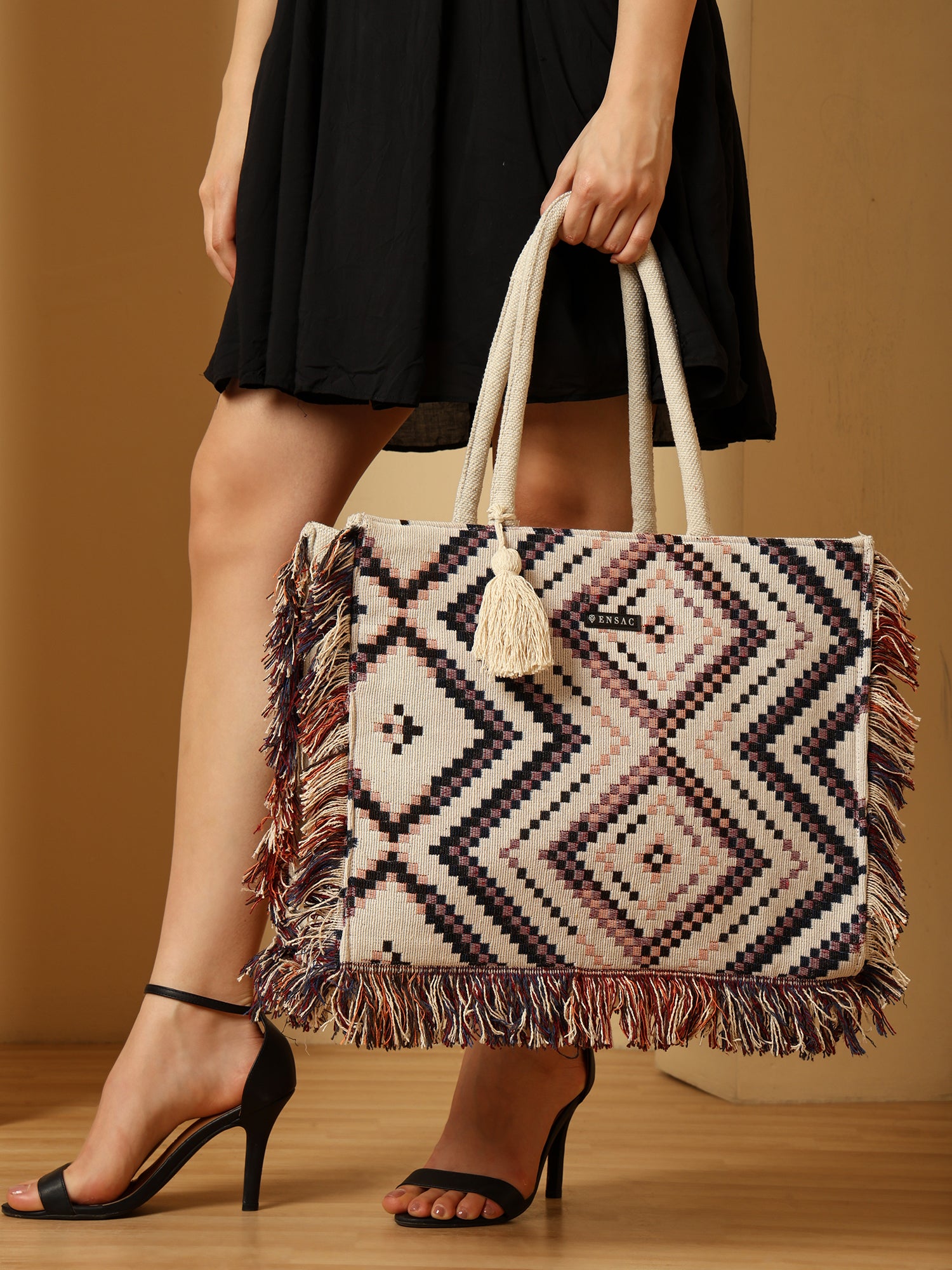 Boho Geometric Woven Fringe Tote Bag - Black, White & Pink