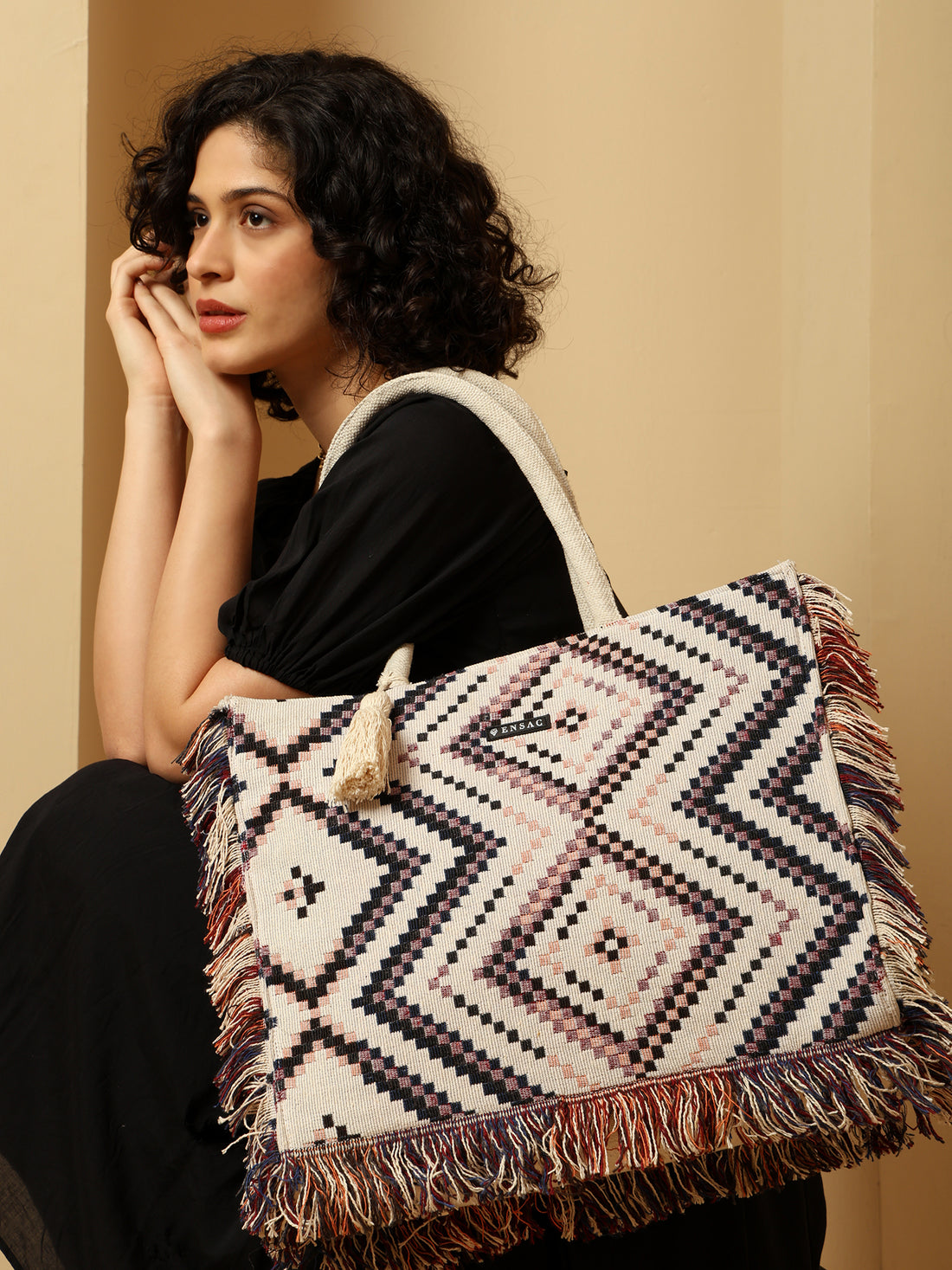 Boho Geometric Woven Fringe Tote Bag - Black, White & Pink