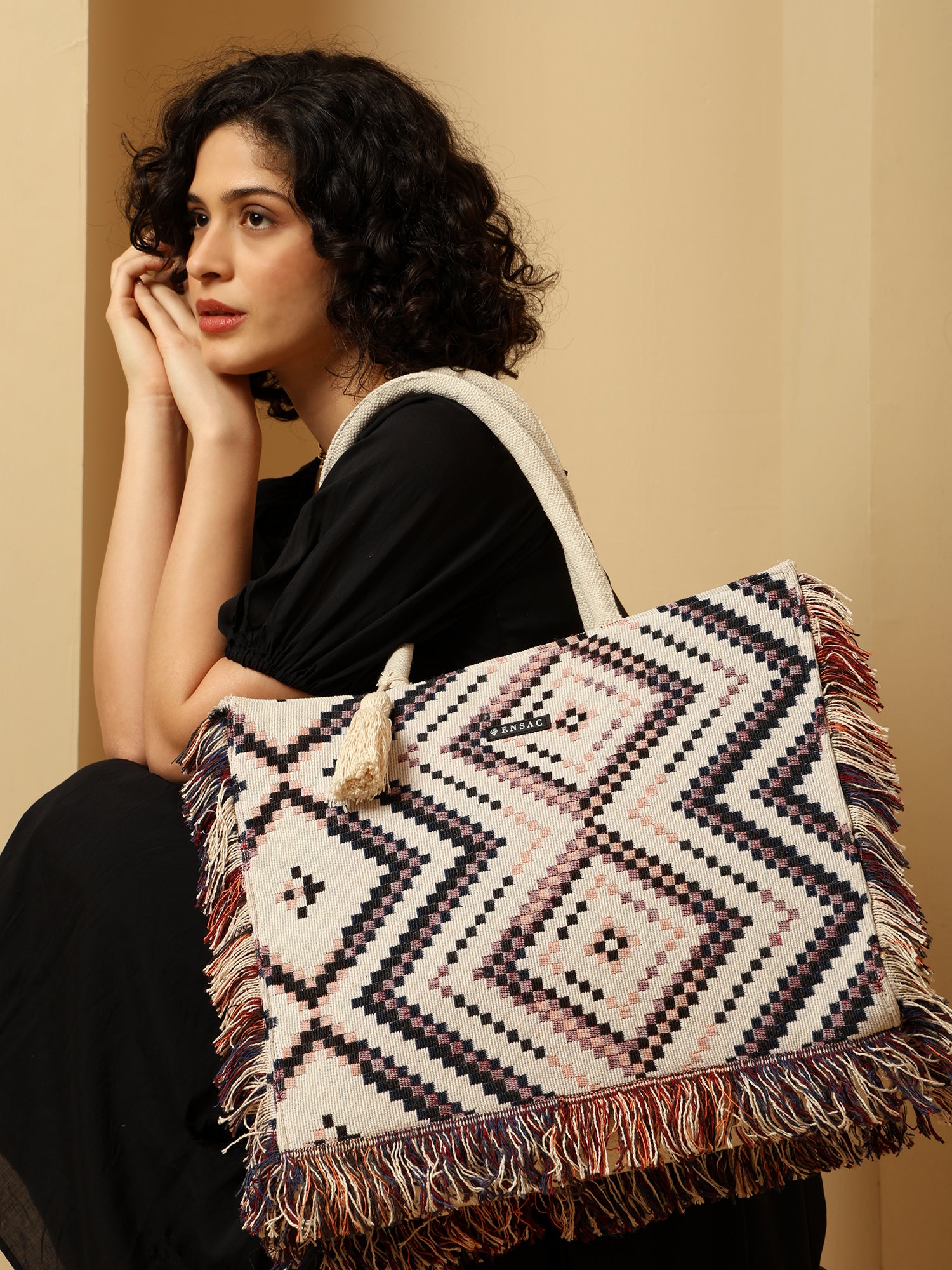 Boho Geometric Woven Fringe Tote Bag - Black, White & Pink