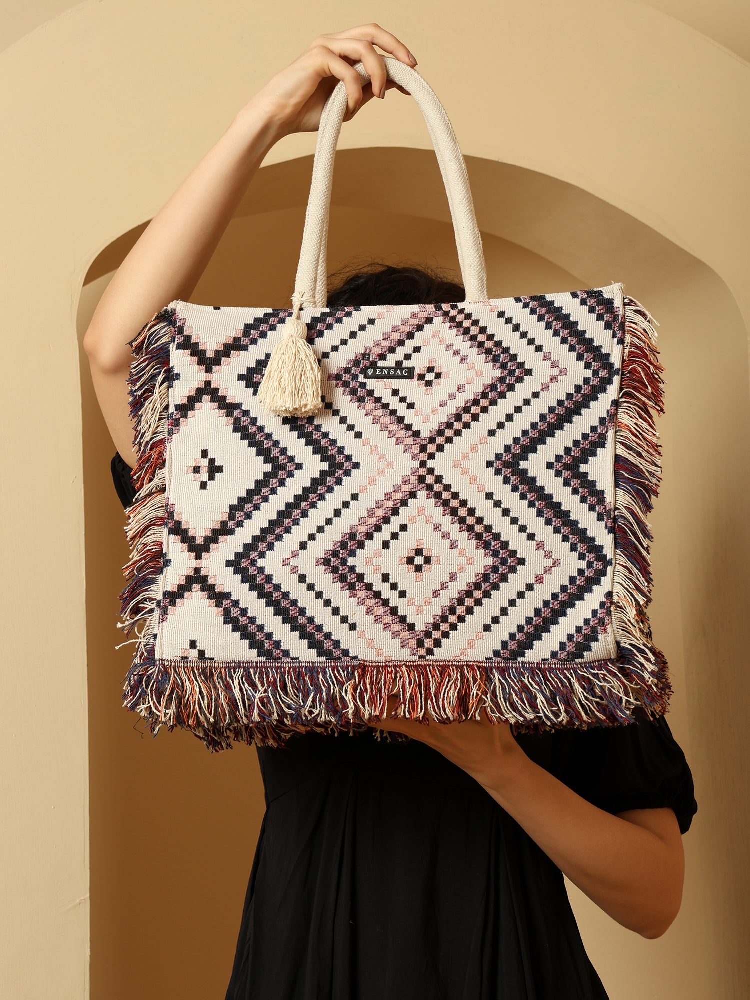 Boho Geometric Woven Fringe Tote Bag - Black, White & Pink