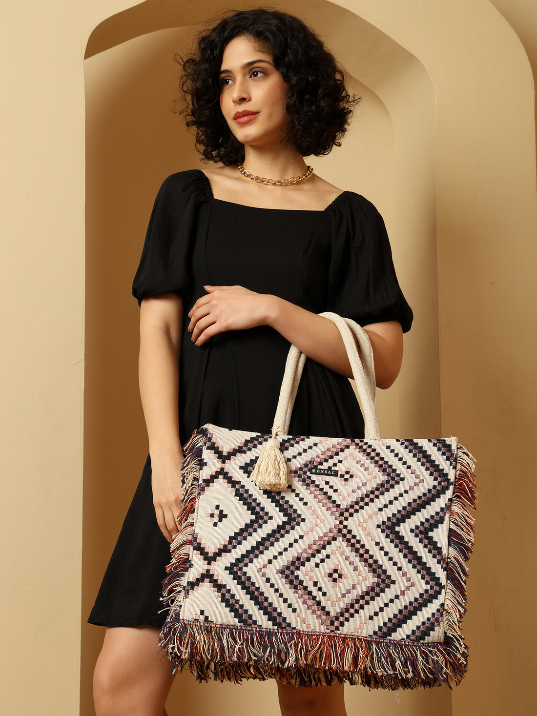 Boho Geometric Woven Fringe Tote Bag - Black, White & Pink