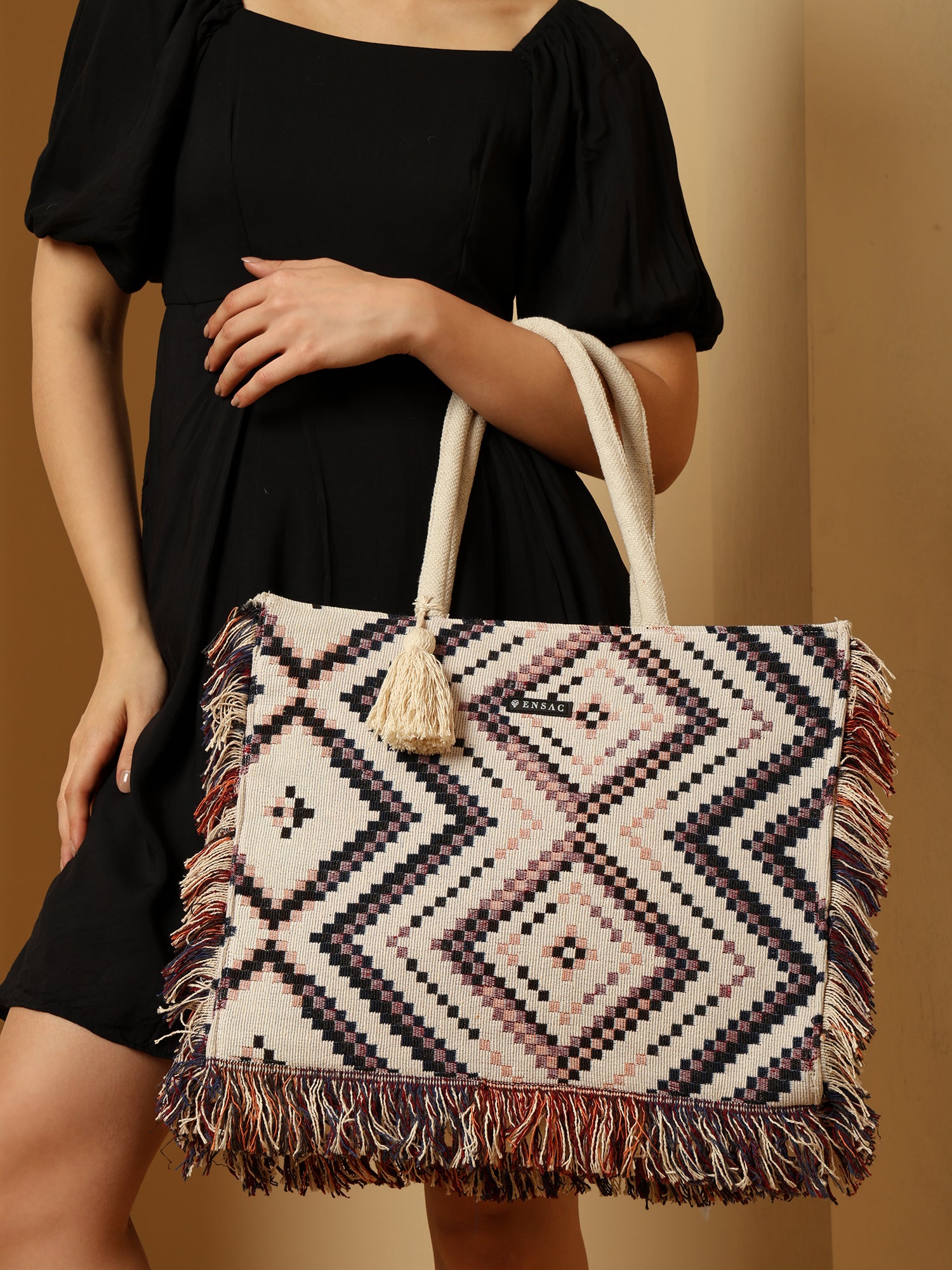 Boho Geometric Woven Fringe Tote Bag - Black, White & Pink