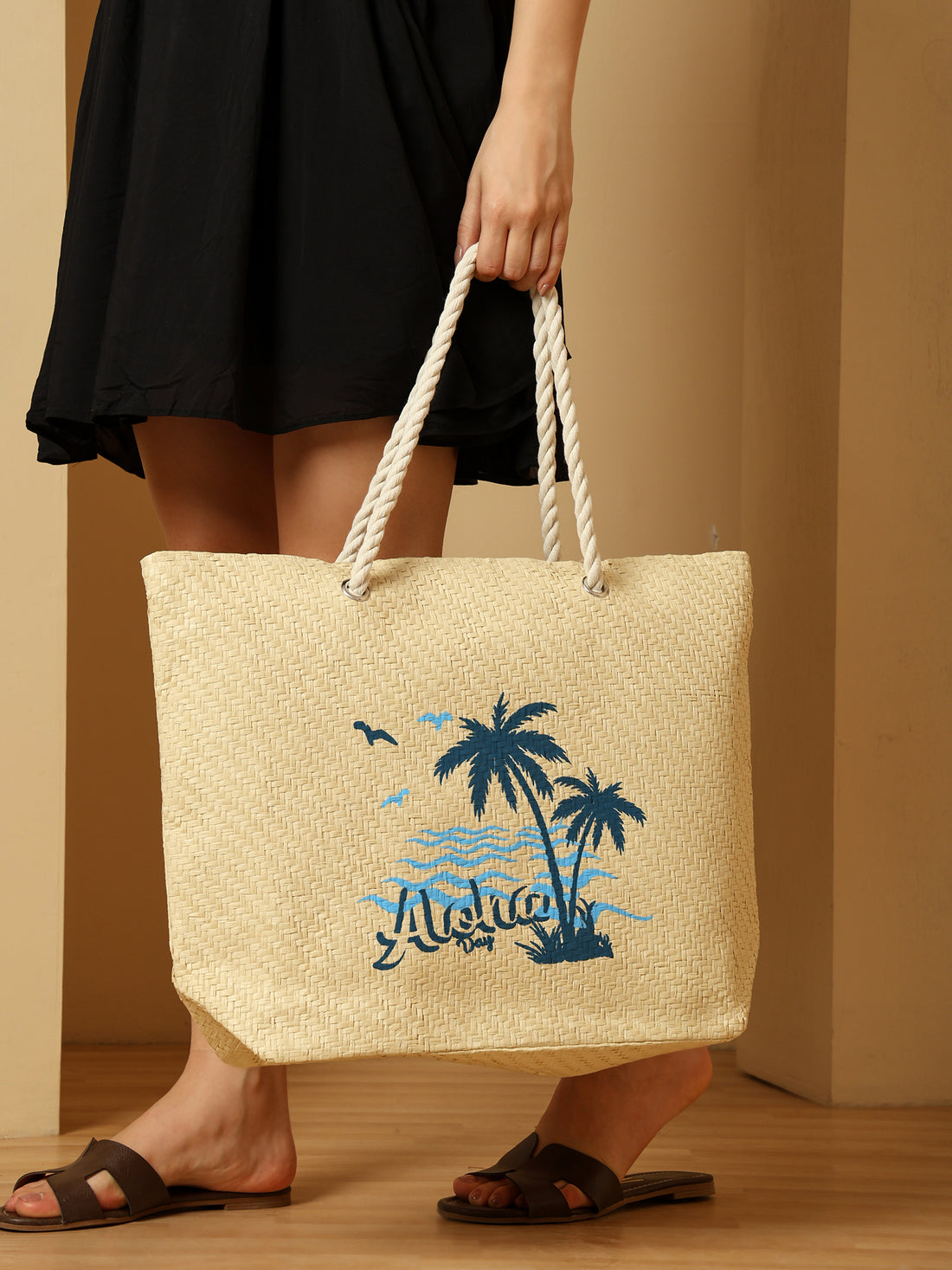 Ensac Aloha Print Paper Straw Beach Tote Bag with Rope Handles | Eco-Friendly Handbag for Women
