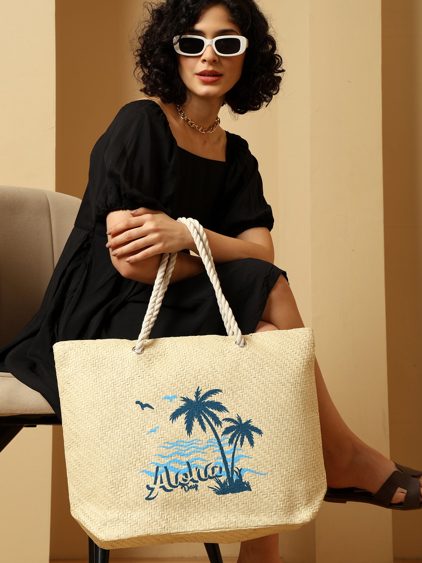 Ensac Aloha Print Paper Straw Beach Tote Bag with Rope Handles | Eco-Friendly Handbag for Women