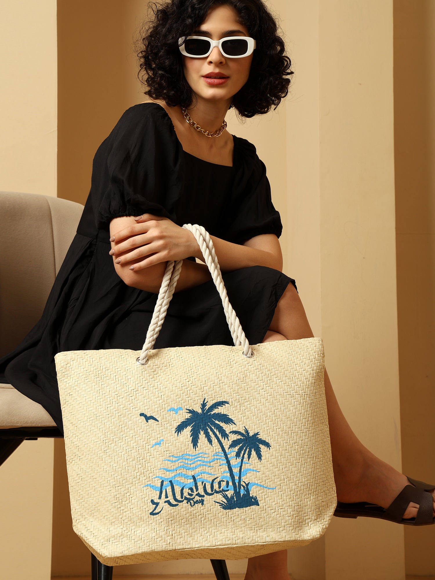 Ensac Aloha Print Paper Straw Beach Tote Bag with Rope Handles | Eco-Friendly Handbag for Women