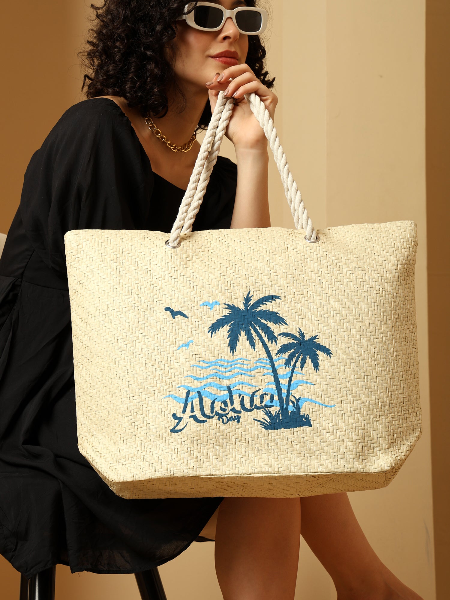 Ensac Aloha Print Paper Straw Beach Tote Bag with Rope Handles | Eco-Friendly Handbag for Women