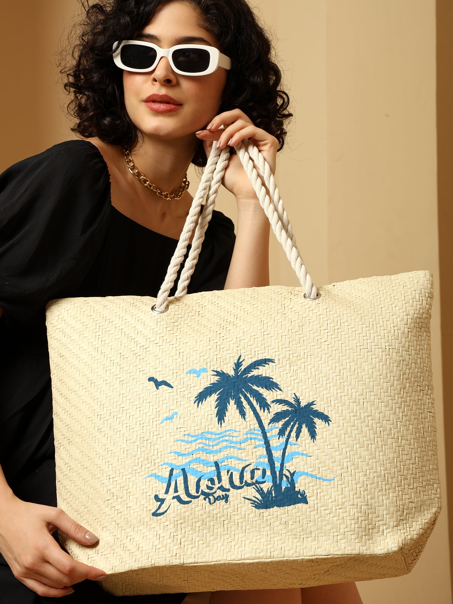 Ensac Aloha Print Paper Straw Beach Tote Bag with Rope Handles | Eco-Friendly Handbag for Women