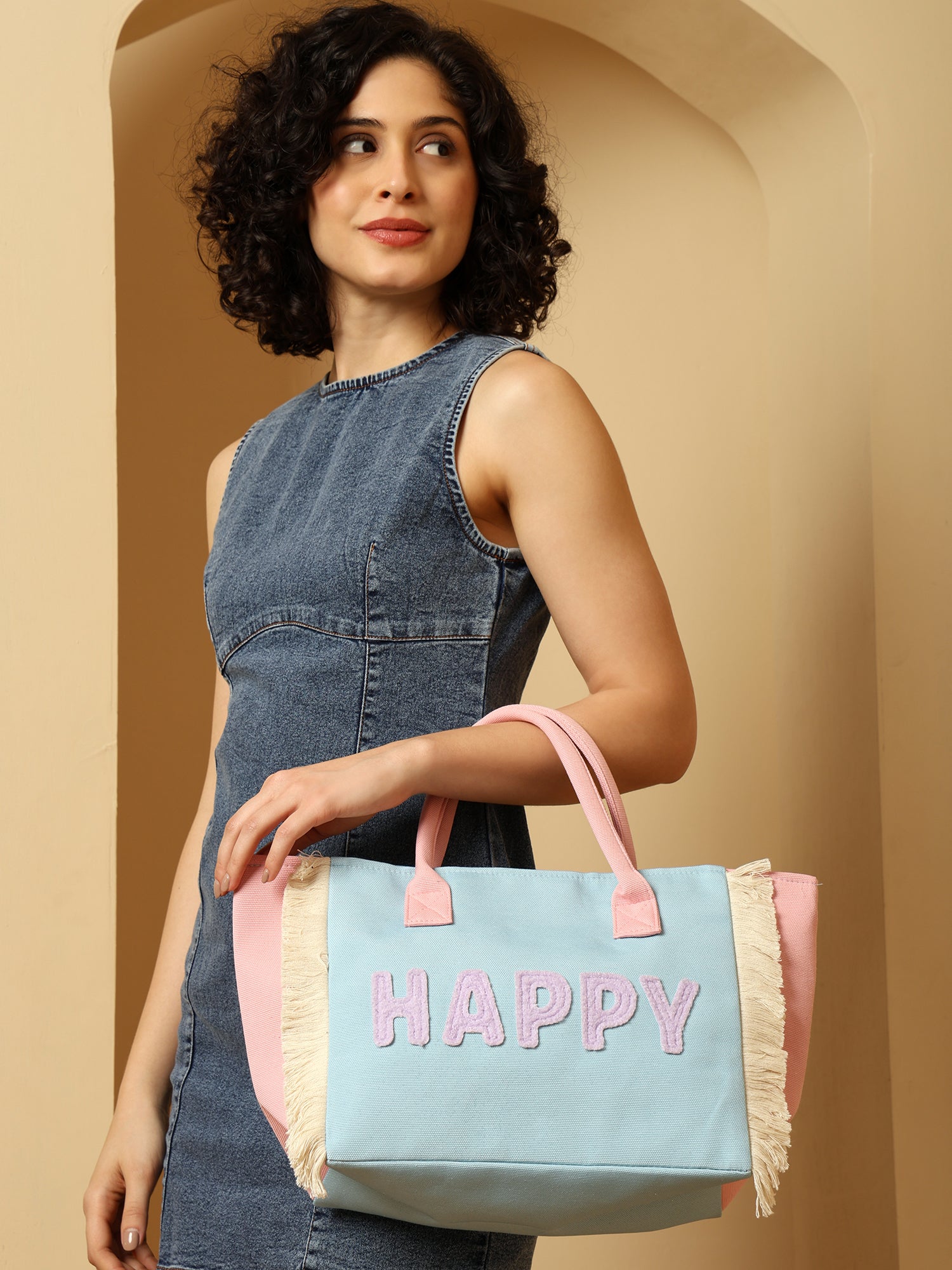 Ensac Happy Pastel Tote Bag for Women & Girls | Trendy Canvas Handbag with Stylish Design