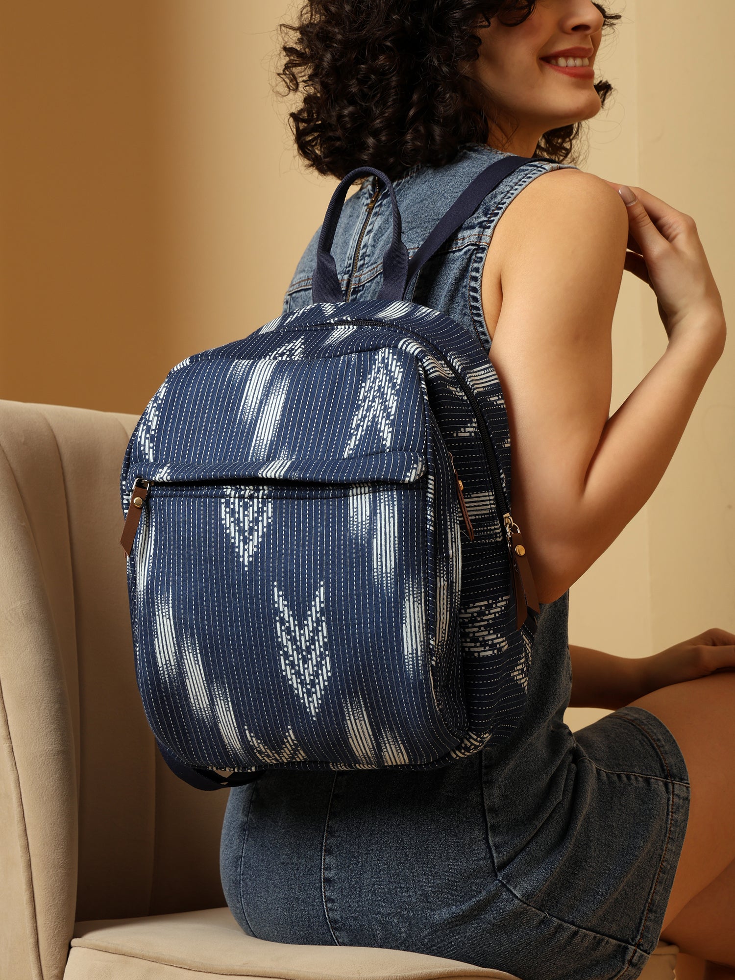 Ensac Women's Stylish Blue & White Ikat Backpack | Handloom Fabric Mini Backpack for Daily Use