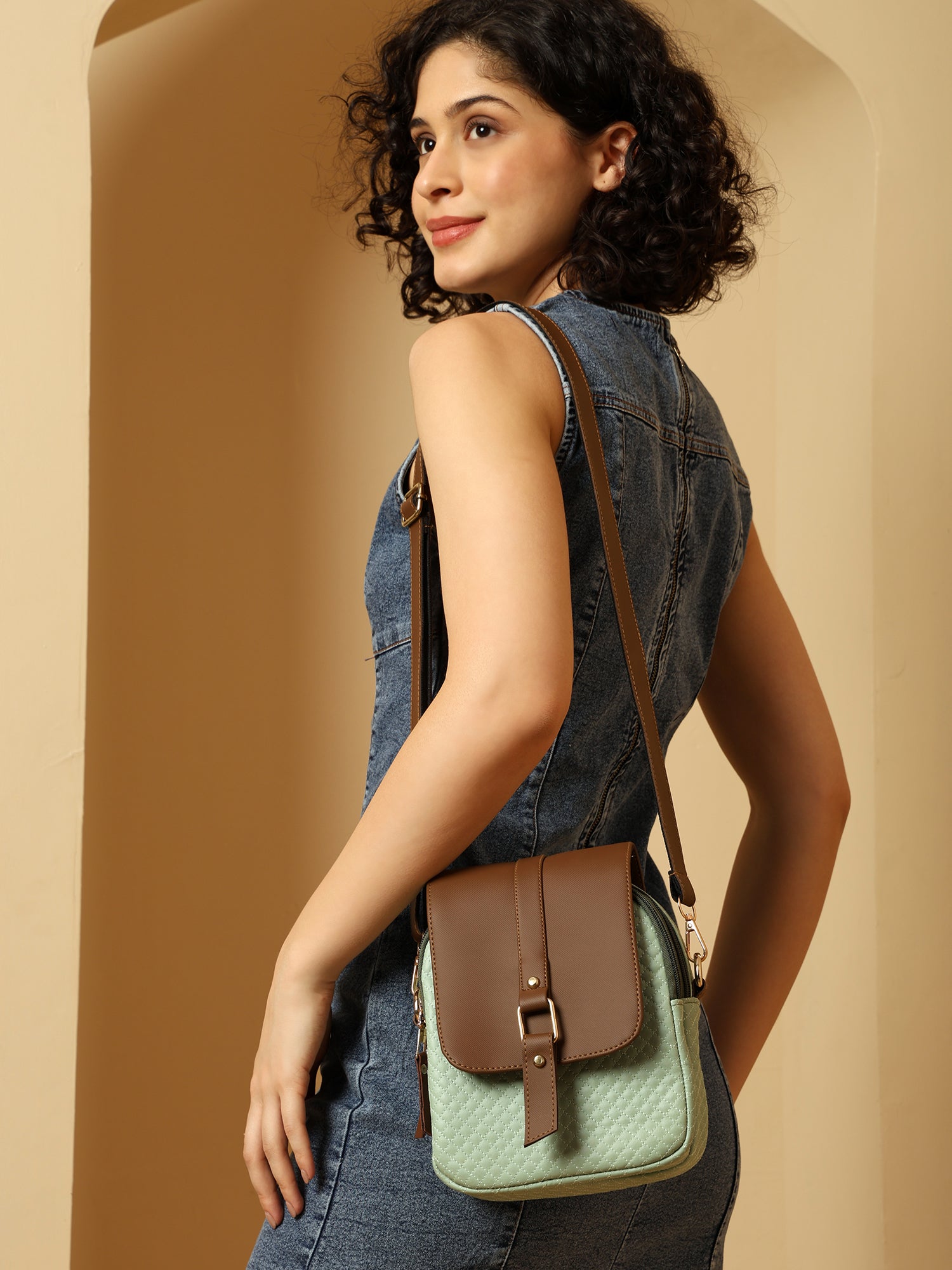 Julia Two-Tone Patterned Sling Bag with Brown Flap