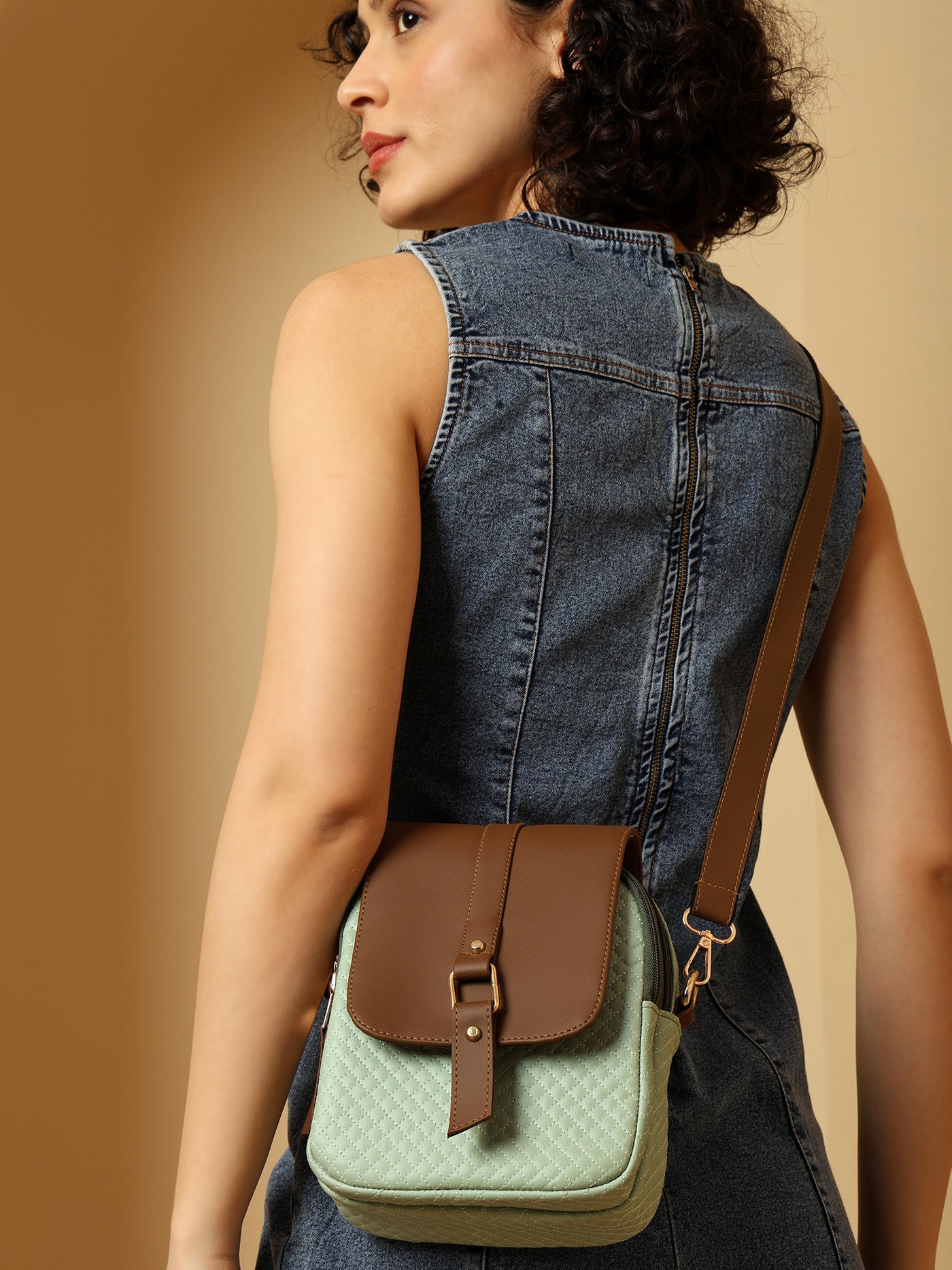 Julia Two-Tone Patterned Sling Bag with Brown Flap