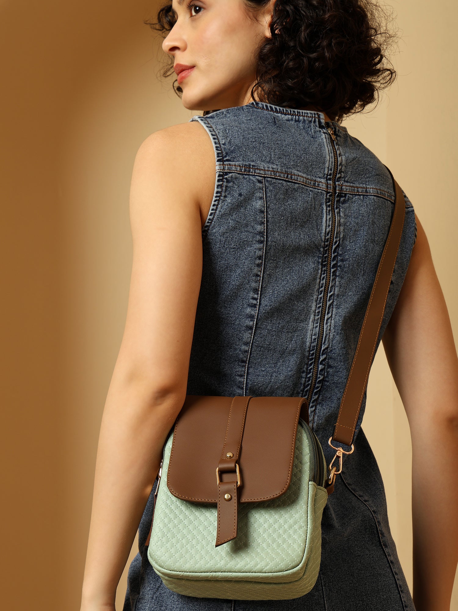 Julia Two-Tone Patterned Sling Bag with Brown Flap