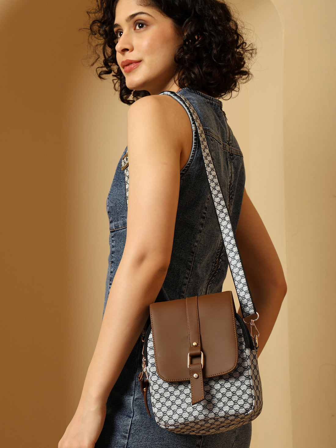 Julia Two-Tone Patterned Sling Bag with Brown Flap