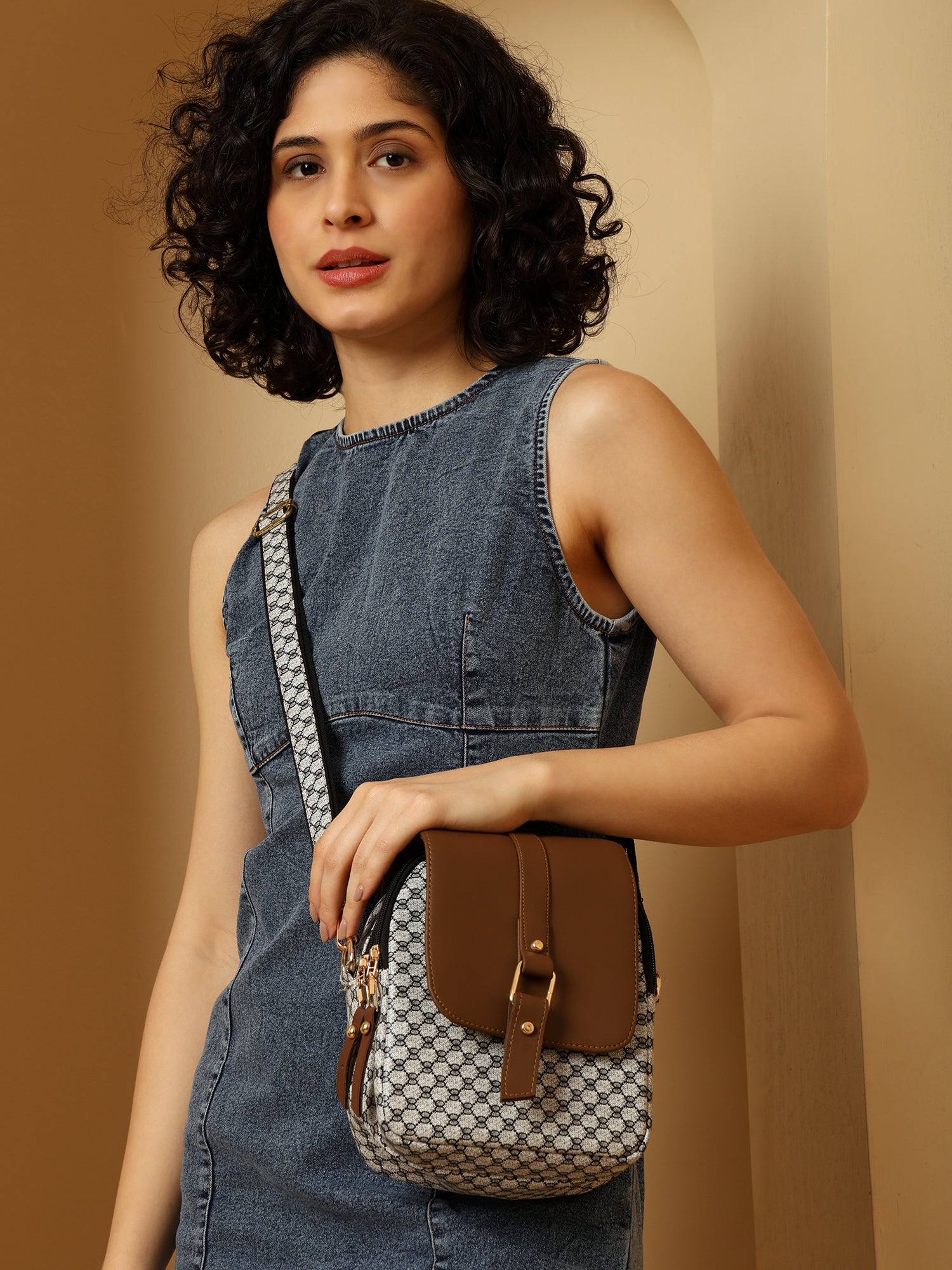 Julia Two-Tone Patterned Sling Bag with Brown Flap