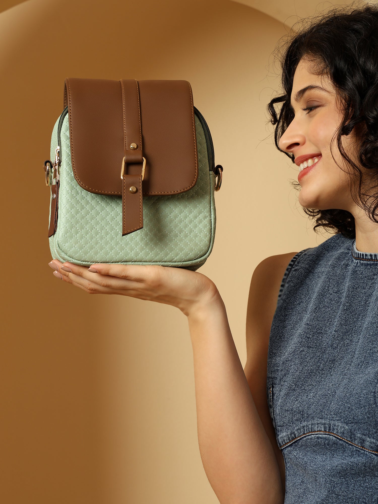Julia Two-Tone Patterned Sling Bag with Brown Flap