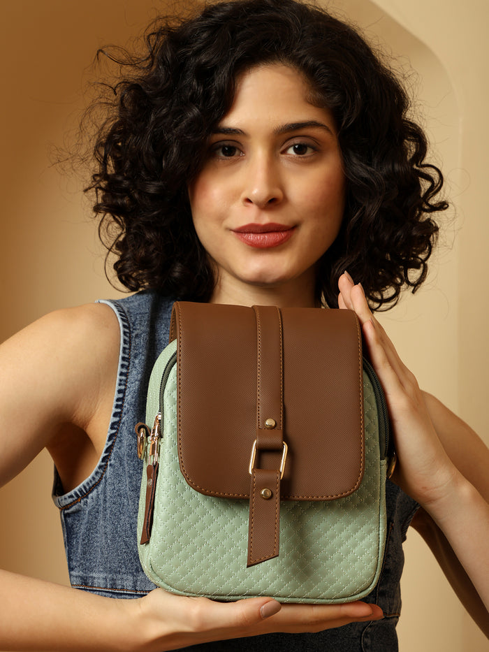 ENSAC Brown Vegan Leather Flap Sling Bag with Geometric Print for Women
