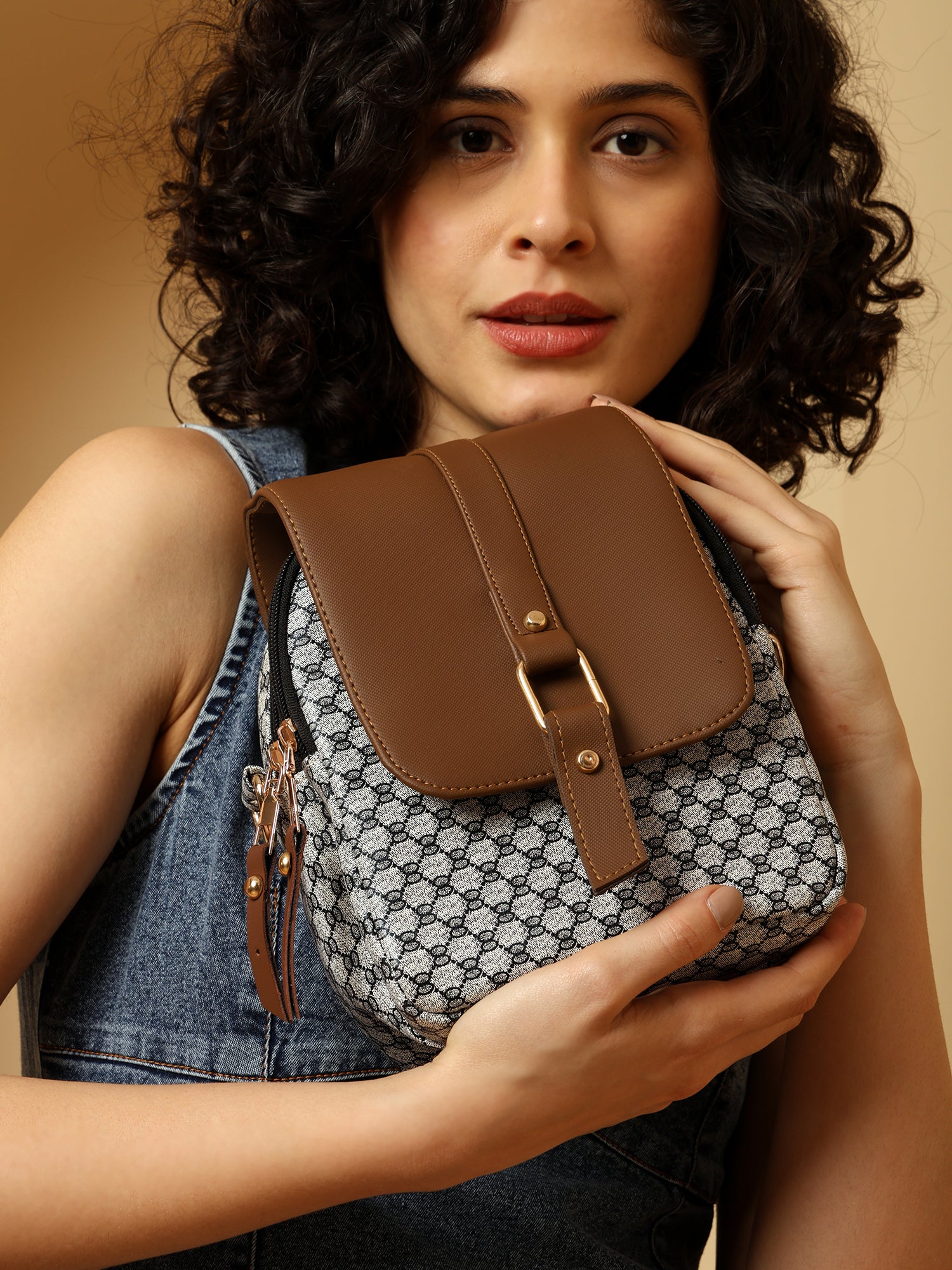 Julia Two-Tone Patterned Sling Bag with Brown Flap