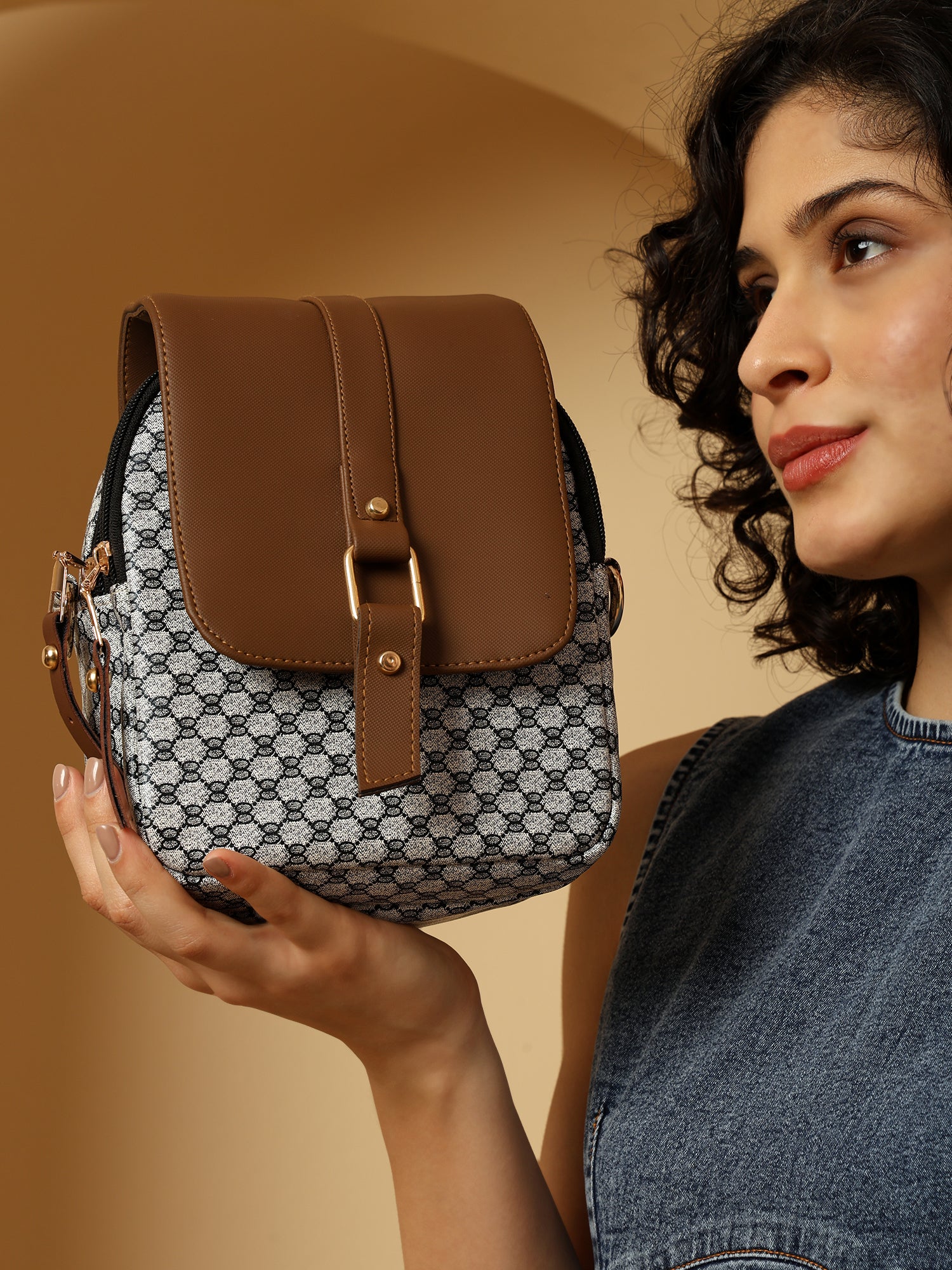 Julia Two-Tone Patterned Sling Bag with Brown Flap