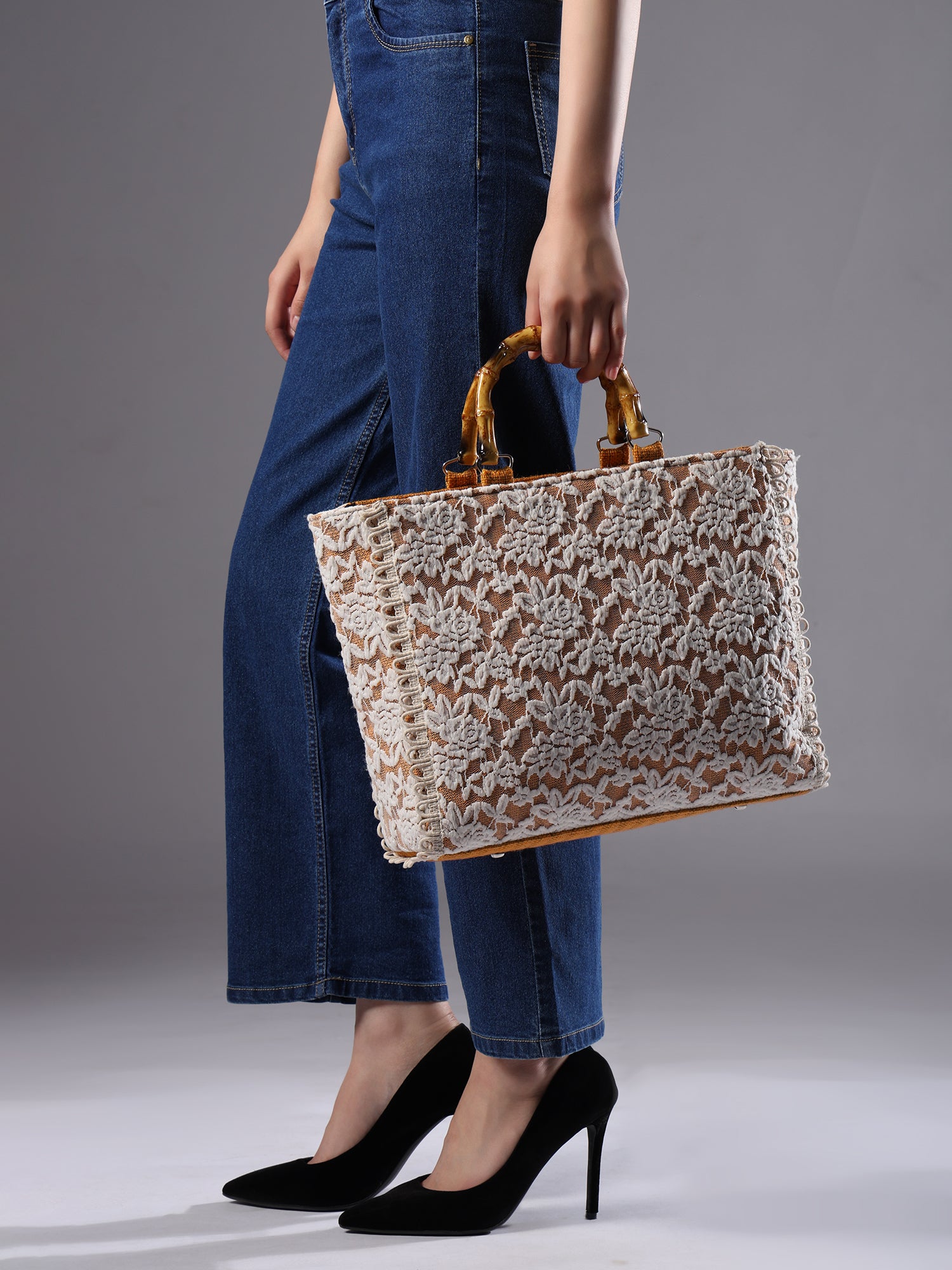 Ensac Women Handcrafted Lace Bag | Premium Fabric, Bamboo Grip & Fresh Look Design
