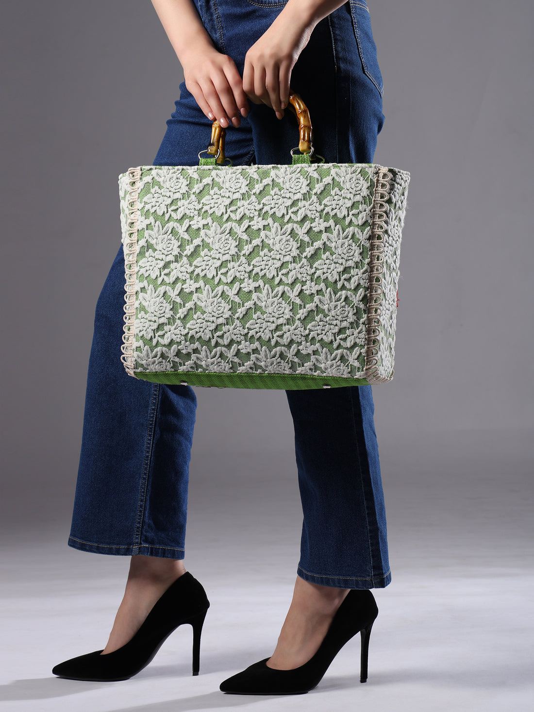 Ensac Women Handcrafted Lace Bag | Premium Fabric, Bamboo Grip & Fresh Look Design