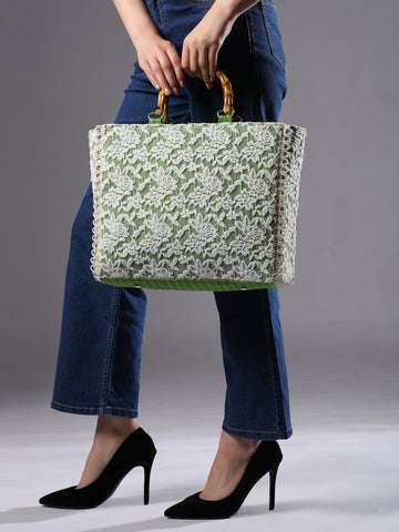 Ensac Women Handcrafted Lace Bag | Premium Fabric, Bamboo Grip & Fresh Look Design