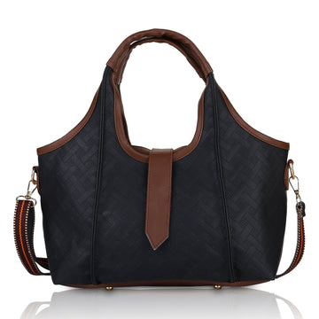 Black quilted handbag with brown accents on a white background