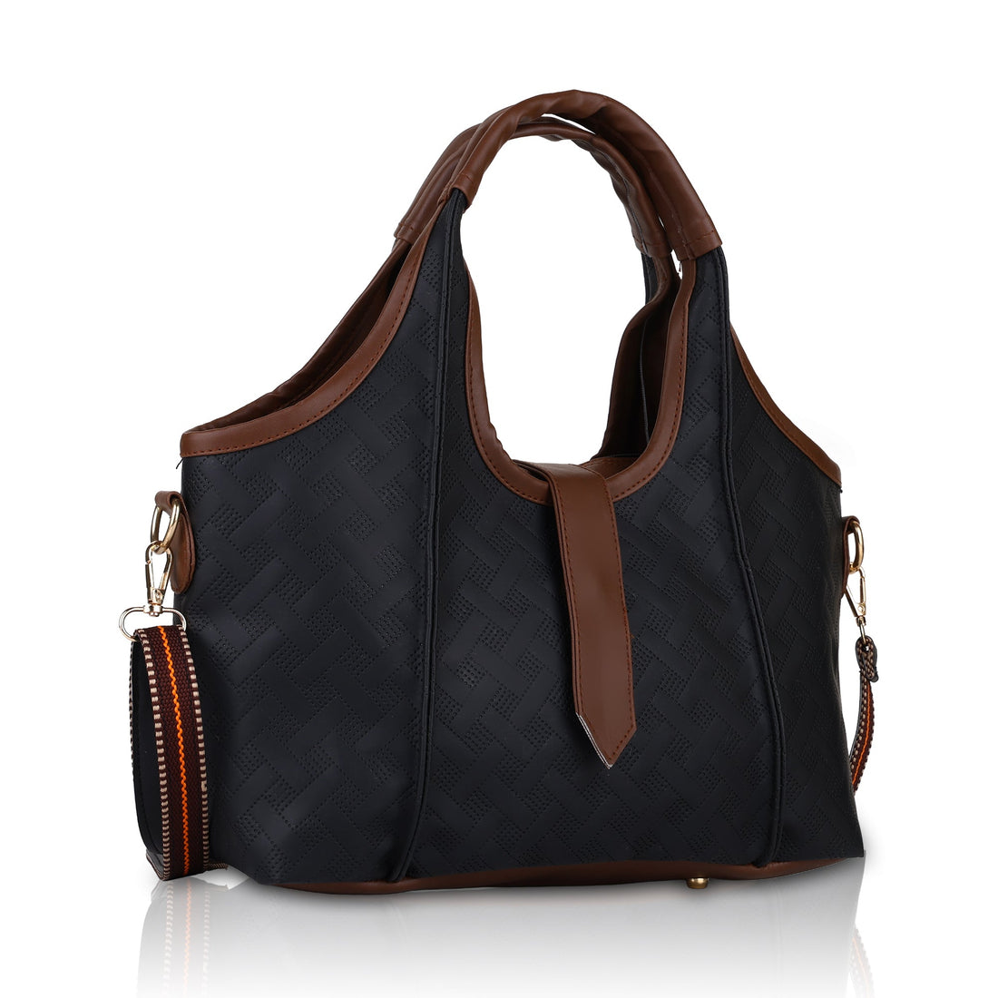 Black quilted handbag with brown accents on a white background