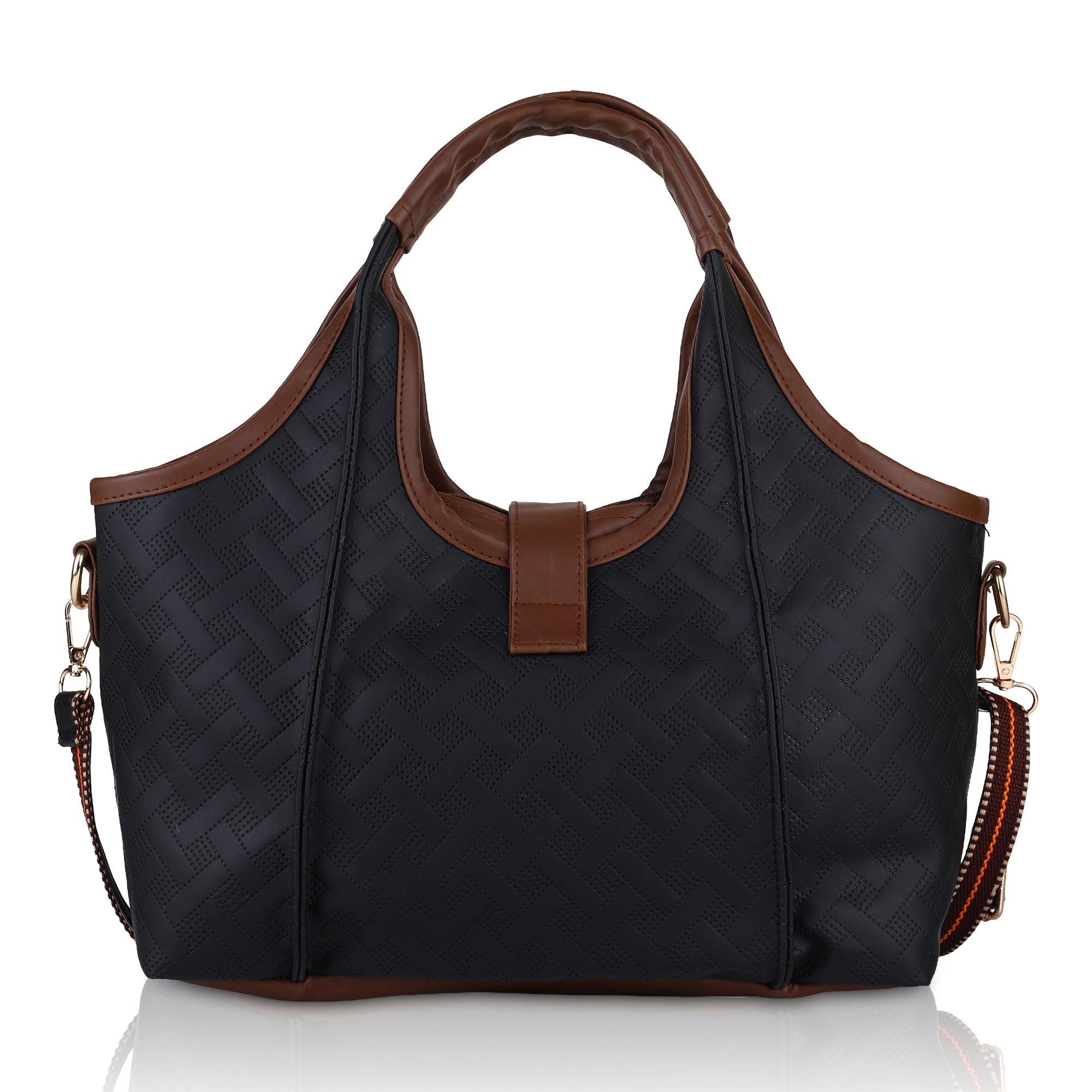 ENSAC Black Sling Tote Bag for Women | Textured Rexine Handbag with Detachable Sling Strap