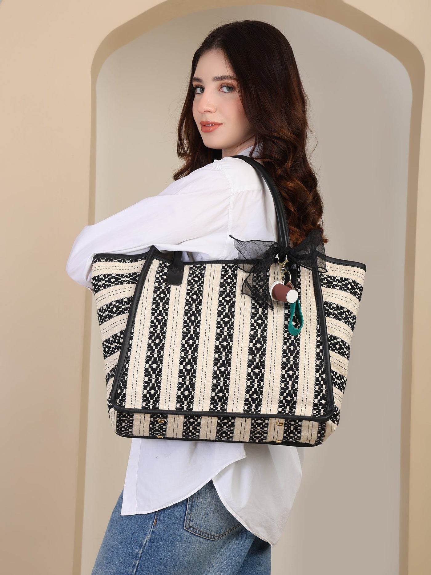 Women's Striped Tote Bag | Large Everyday Shoulder Handbag for Work, Travel & Shopping ensacworld