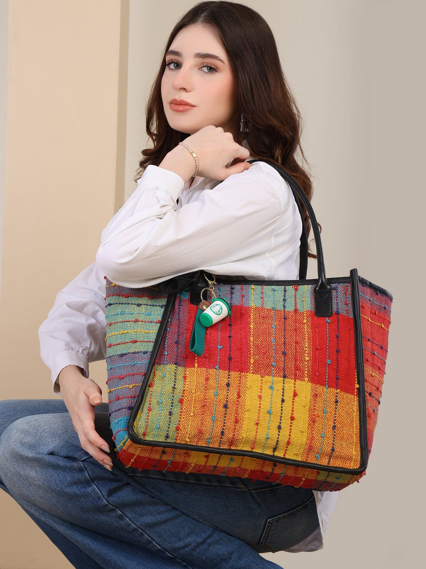 Women's Striped Tote Bag | Large Everyday Shoulder Handbag for Work, Travel & Shopping ensacworld