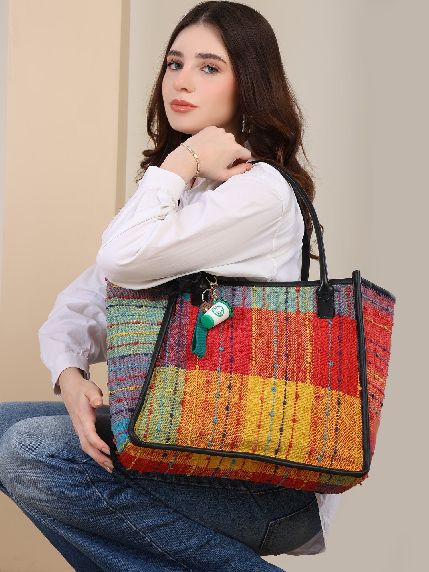 Women's Striped Tote Bag | Large Everyday Shoulder Handbag for Work, Travel & Shopping ensacworld