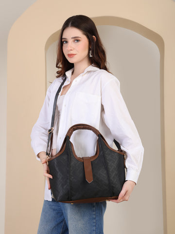ENSAC Black Sling Tote Bag for Women | Textured Rexine Handbag with Detachable Sling Strap