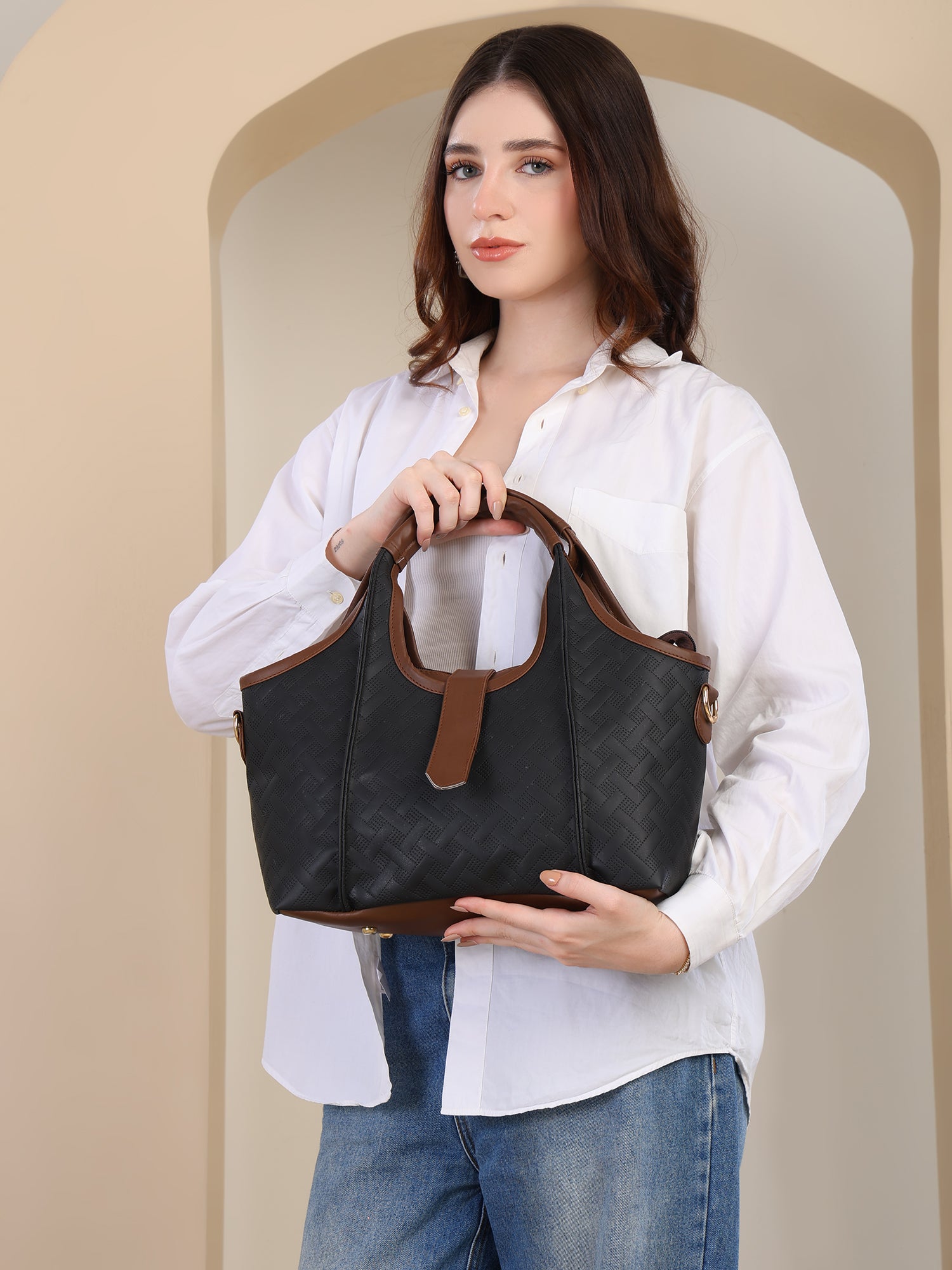 ENSAC Black Sling Tote Bag for Women | Textured Rexine Handbag with Detachable Sling Strap