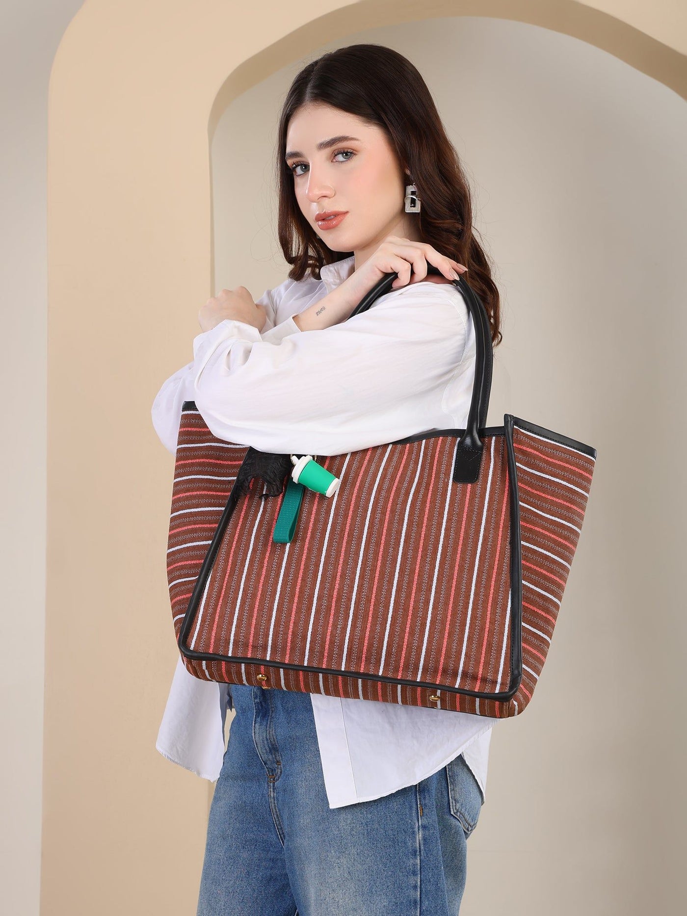 Women's Striped Tote Bag | Large Everyday Shoulder Handbag for Work, Travel & Shopping ensacworld