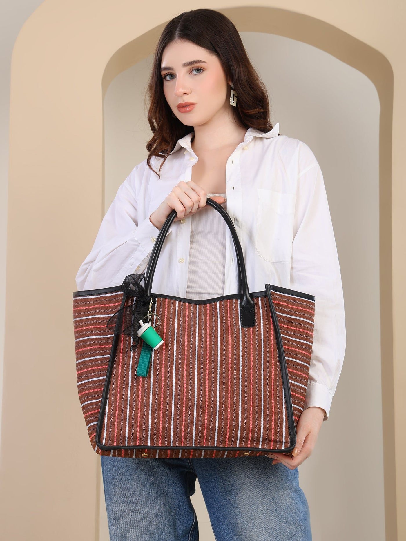 Women's Striped Tote Bag | Large Everyday Shoulder Handbag for Work, Travel & Shopping ensacworld