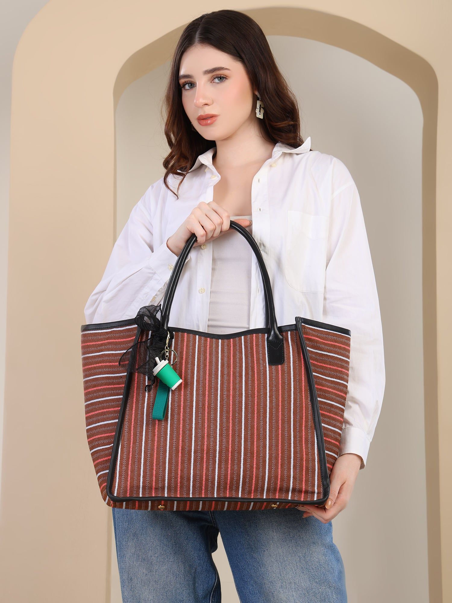 Women's Striped Tote Bag | Large Everyday Shoulder Handbag for Work, Travel & Shopping ensacworld