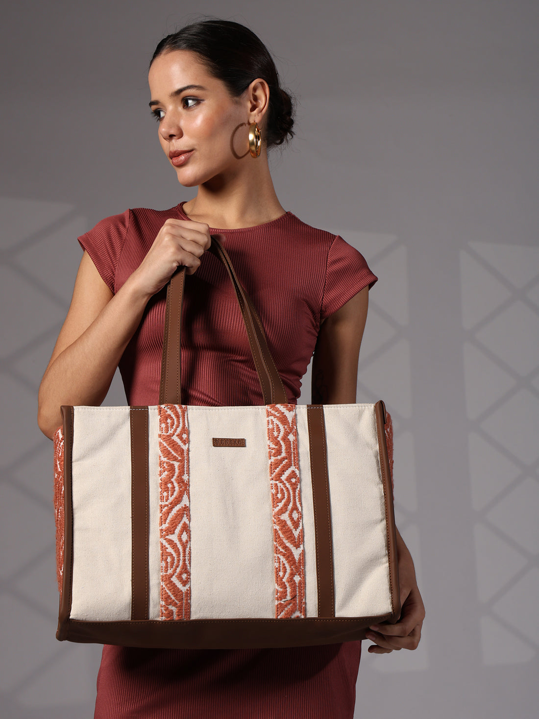 Ensac's Premium Tote Bag for Women | Ethnic Jacquard Rexine Fabric & Easy Carry Handles