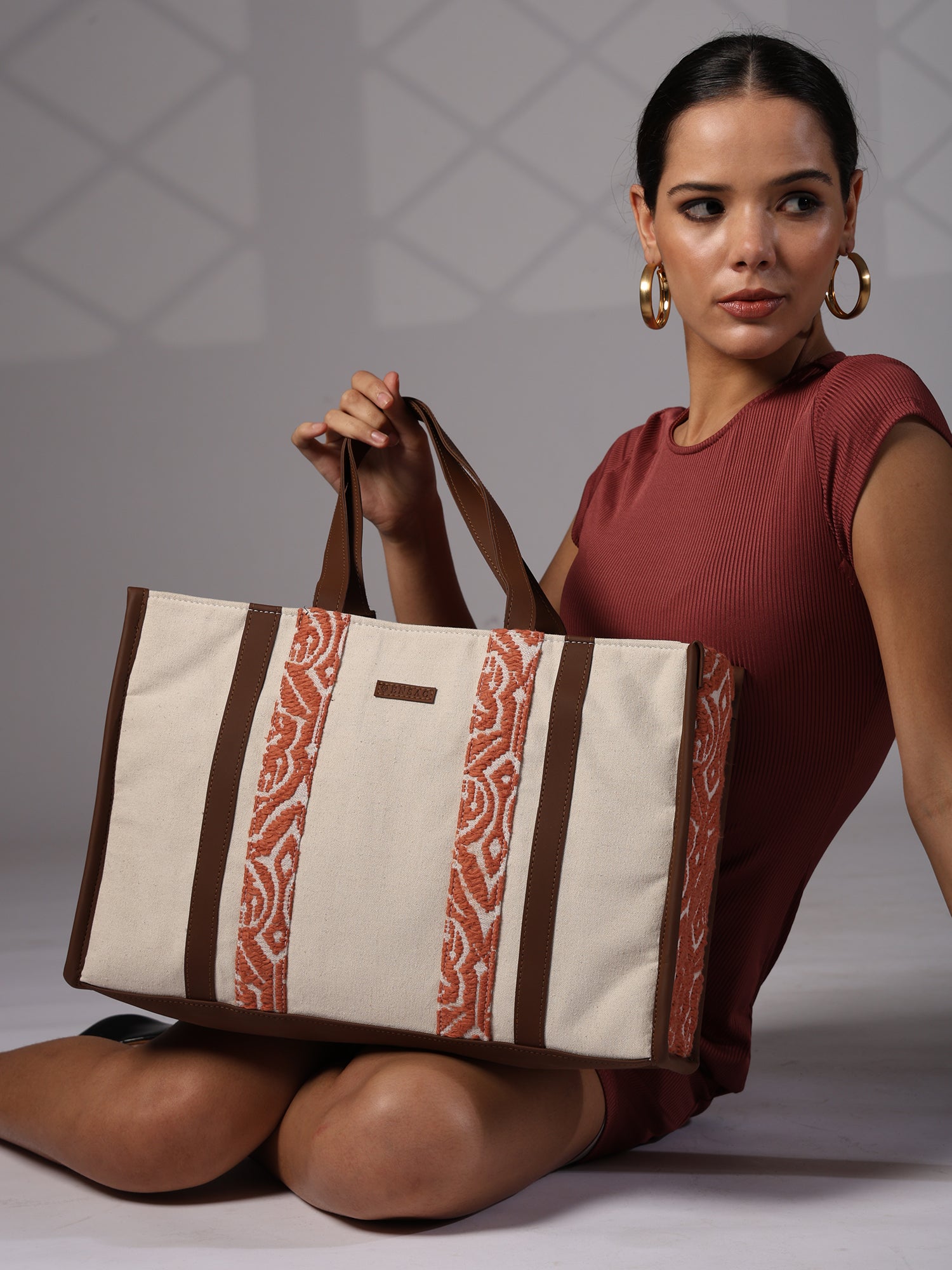 Ensac's Premium Tote Bag for Women | Ethnic Jacquard Rexine Fabric & Easy Carry Handles