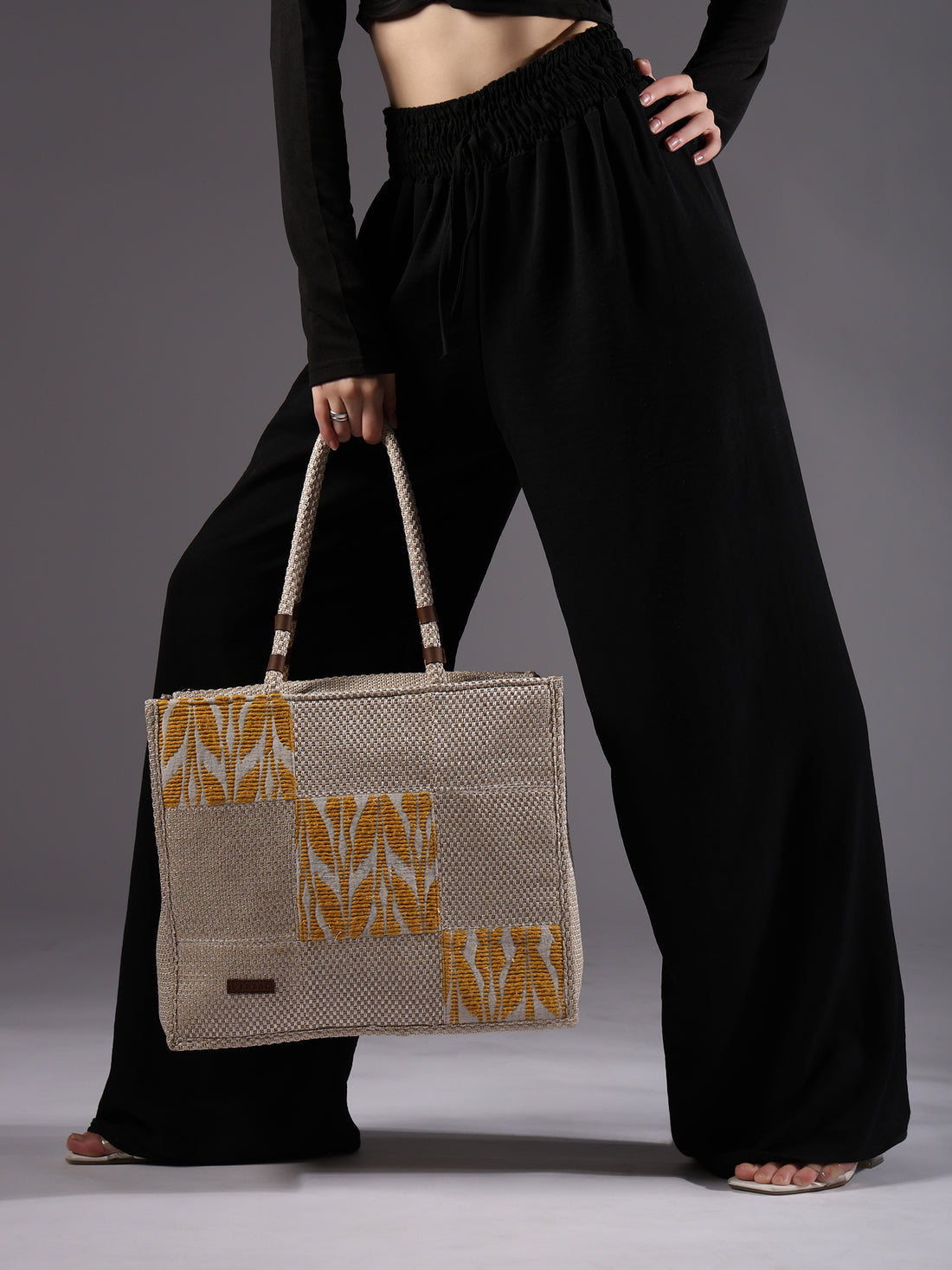 ENSAC Cotton Jacquard patch style Yellow Beige Tote Bag for women & Girls