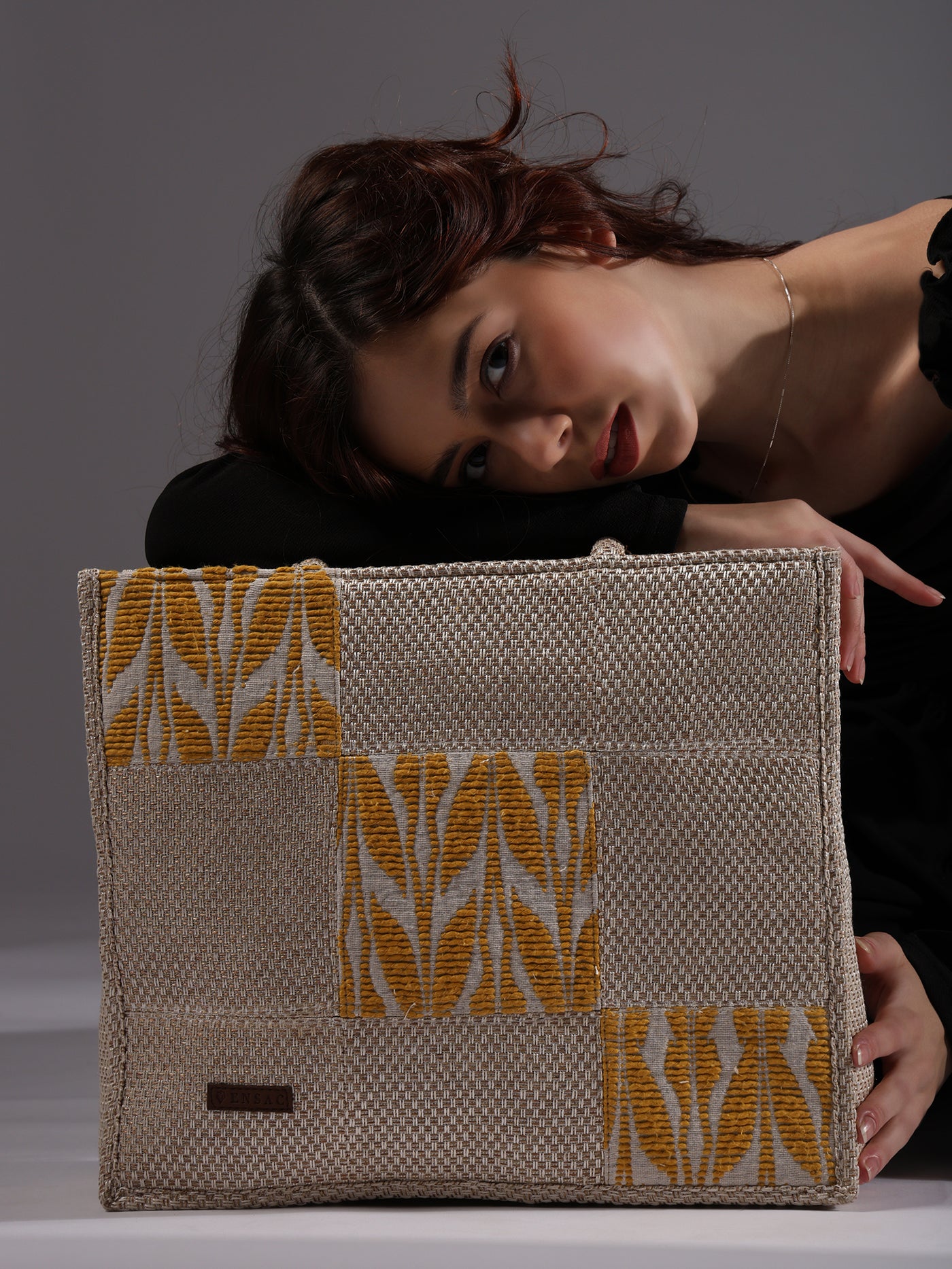 ENSAC Cotton Jacquard patch style Yellow Beige Tote Bag for women & Girls