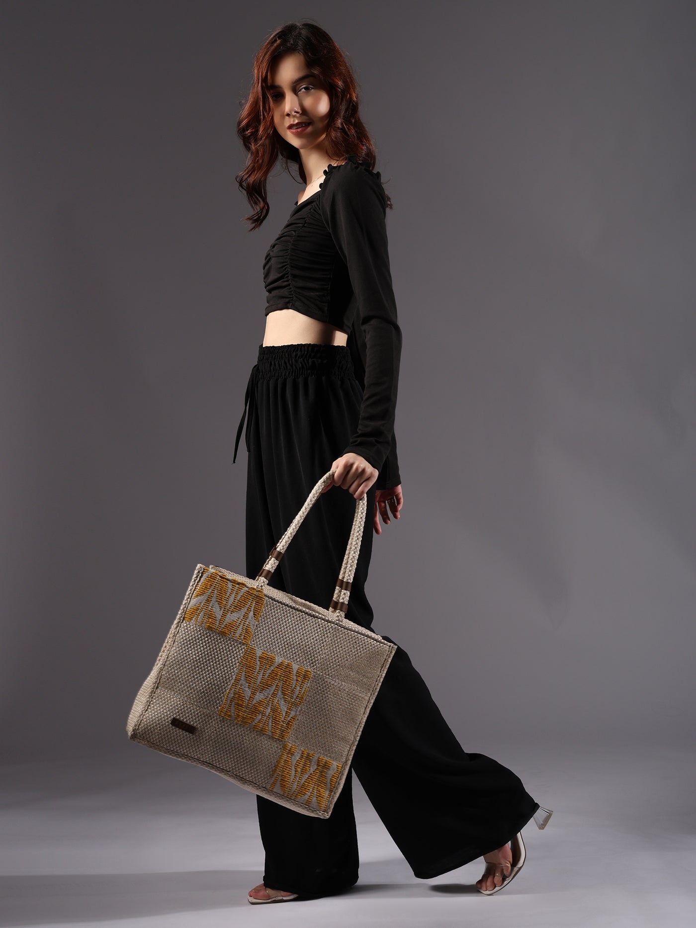 ENSAC Cotton Jacquard patch style Yellow Beige Tote Bag for women & Girls