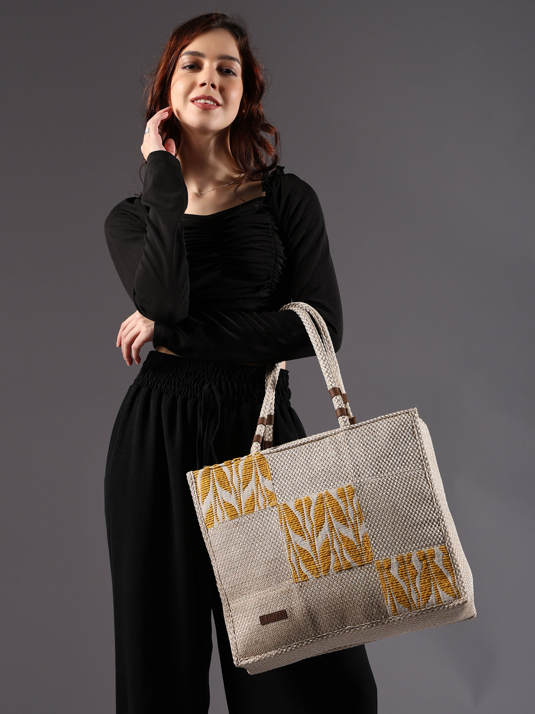 ENSAC Cotton Jacquard patch style Yellow Beige Tote Bag for women & Girls