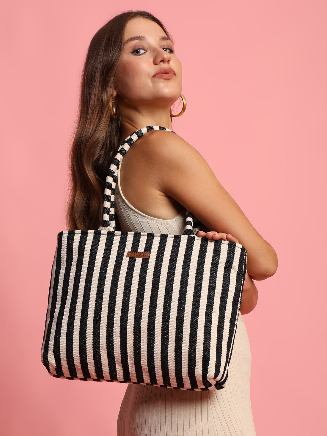 Ensac’s Tote-Strips Jacquard Tote bag for Women/Girls-TOTE-BLKSTRIPES-SMALL