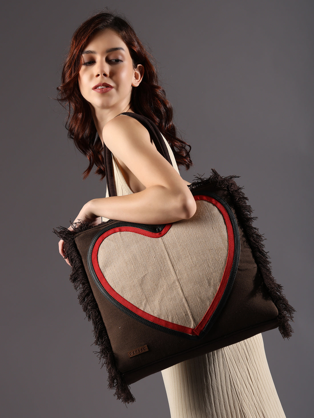 Ensac Women’s Heart Design Fringe Bag | Jacquard Fabric Carry Bag for Daily Style TOTE-JUTEHEART-REDBLK-1