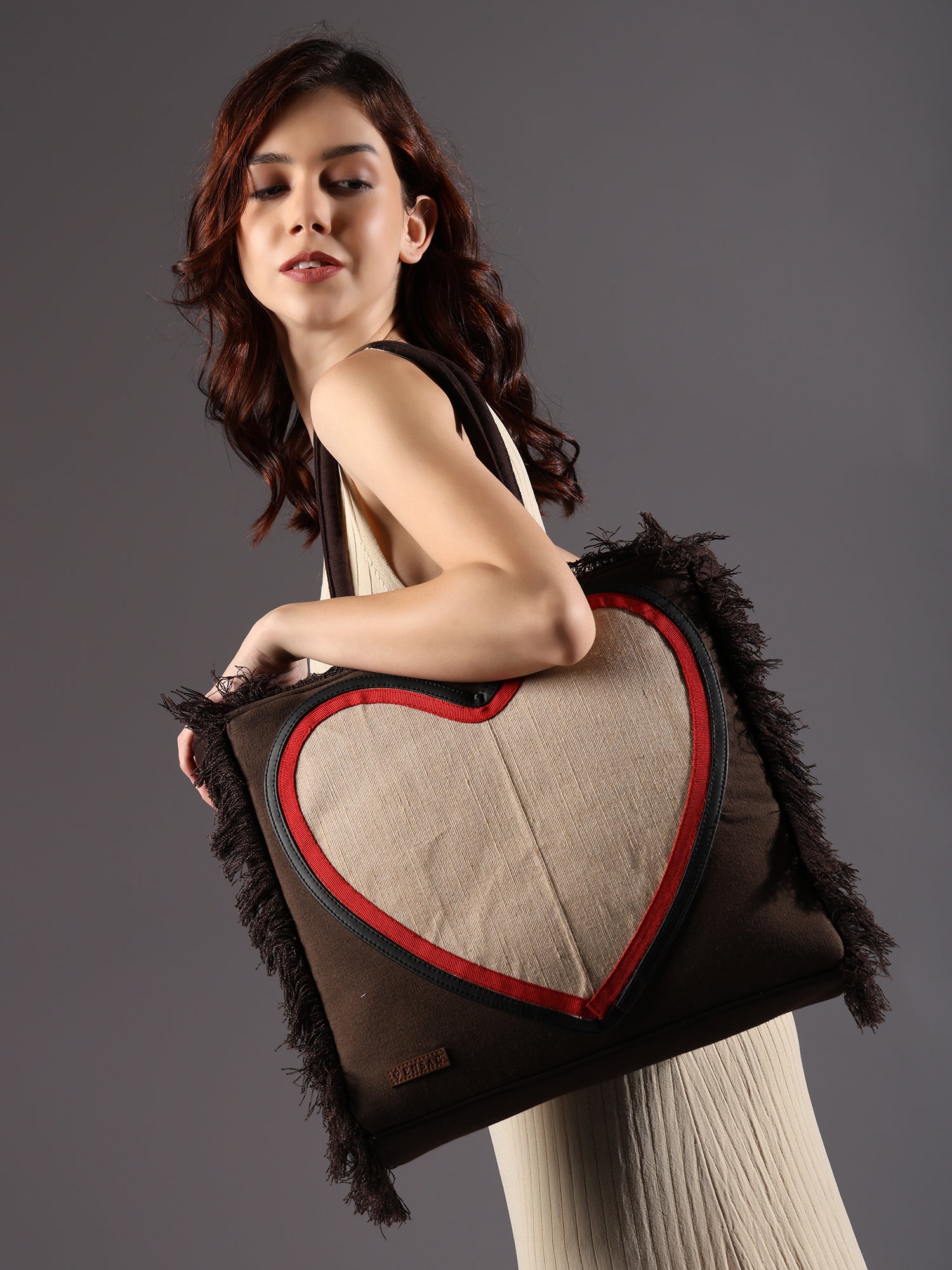 Ensac Women’s Heart Design Fringe Bag | Jacquard Fabric Carry Bag for Daily Style TOTE-JUTEHEART-REDBLK-1