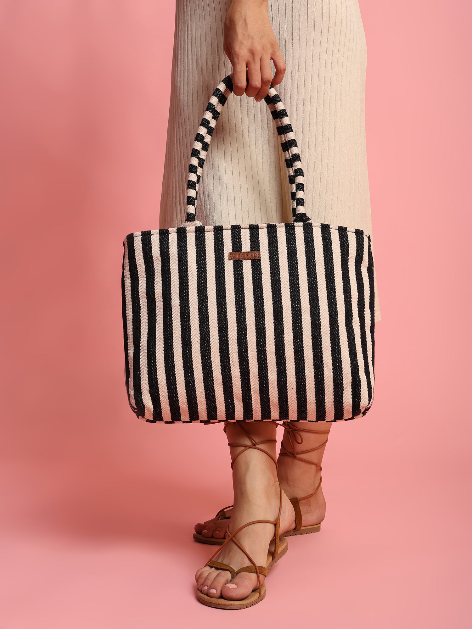 Ensac’s Tote-Strips Jacquard Tote bag for Women/Girls-TOTE-BLKSTRIPES-SMALL