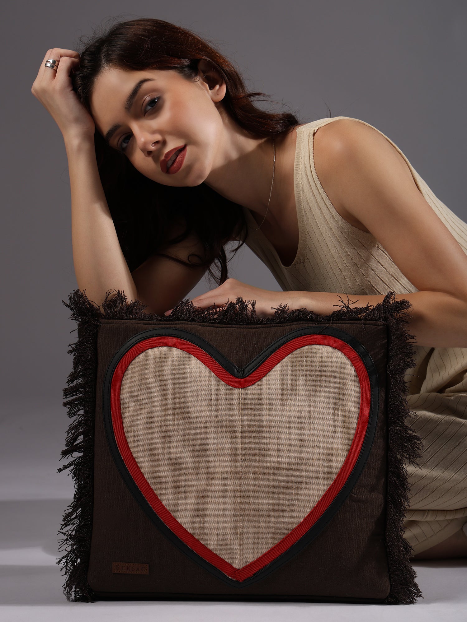 Ensac Women’s Heart Design Fringe Bag | Jacquard Fabric Carry Bag for Daily Style TOTE-JUTEHEART-REDBLK-1