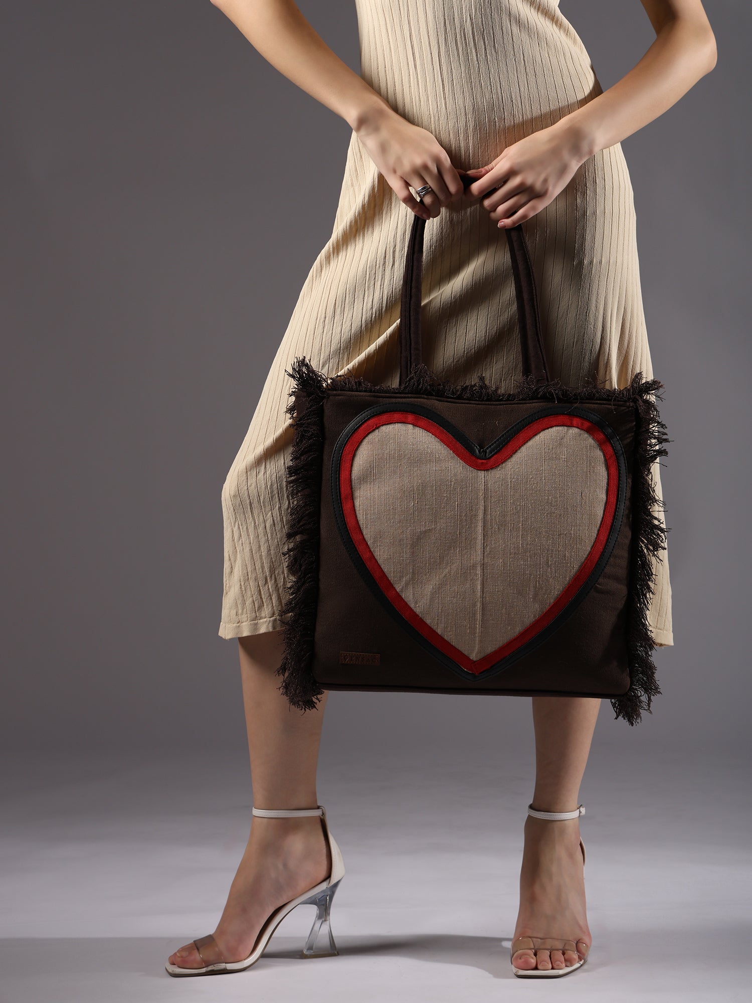 Ensac Women’s Heart Design Fringe Bag | Jacquard Fabric Carry Bag for Daily Style TOTE-JUTEHEART-REDBLK-1
