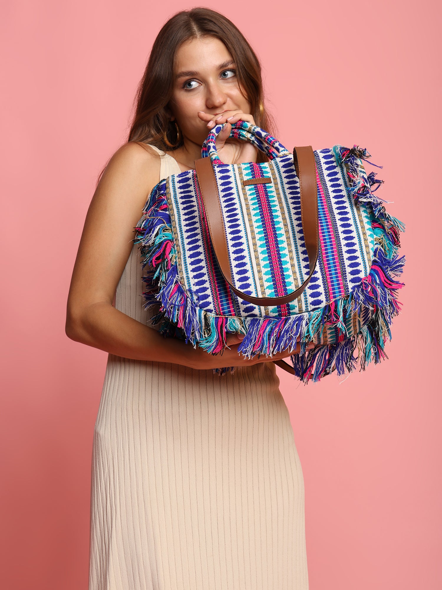ENSAC cotton Boho Ruffle Style Blue Tote bag for women & girls